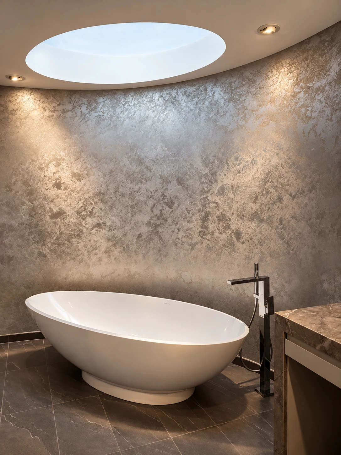 Sculptural white bathtub beneath a circular skylight