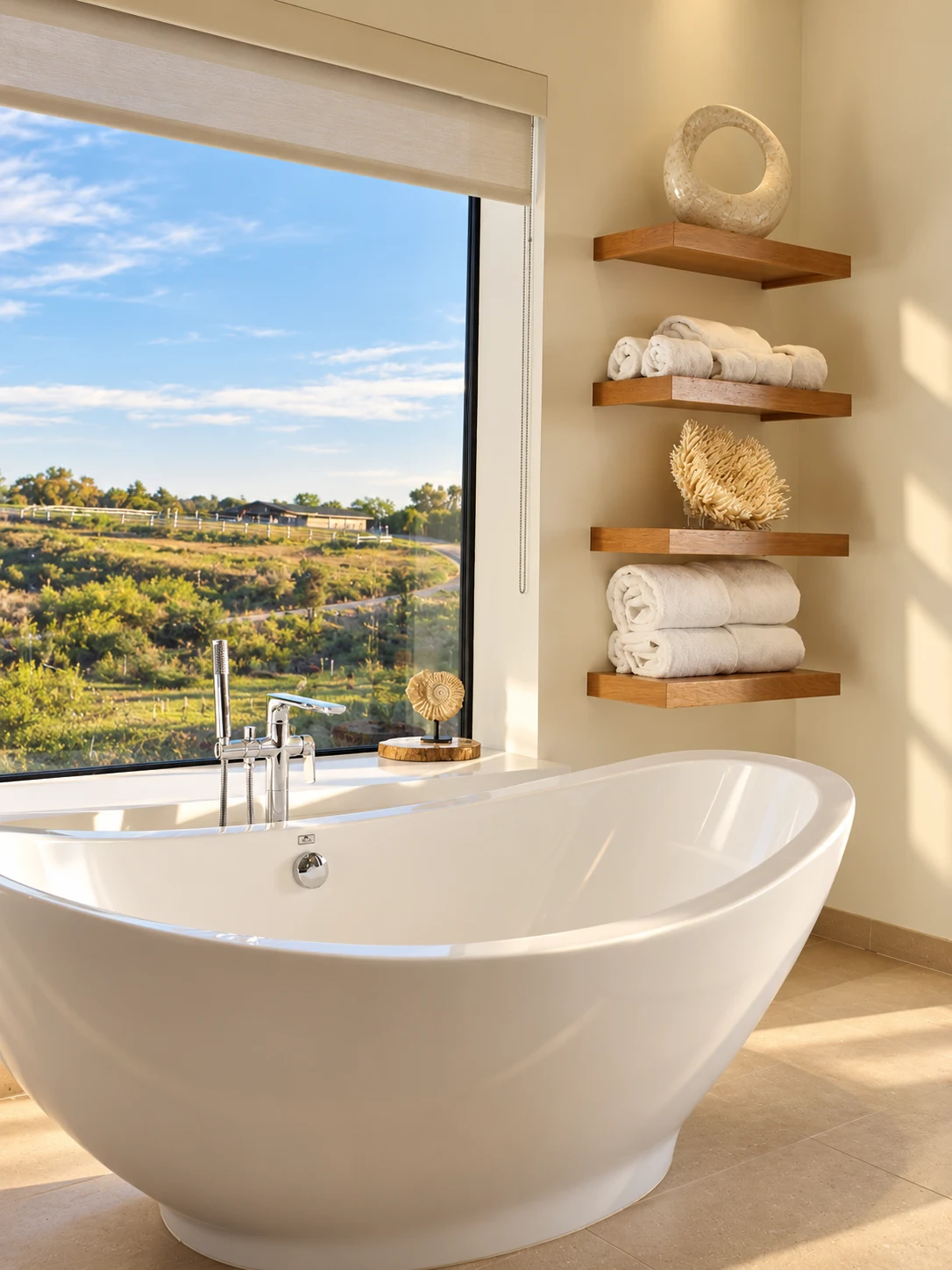 Freestanding bathtub beside a large window overlooking a sunlit landscape
